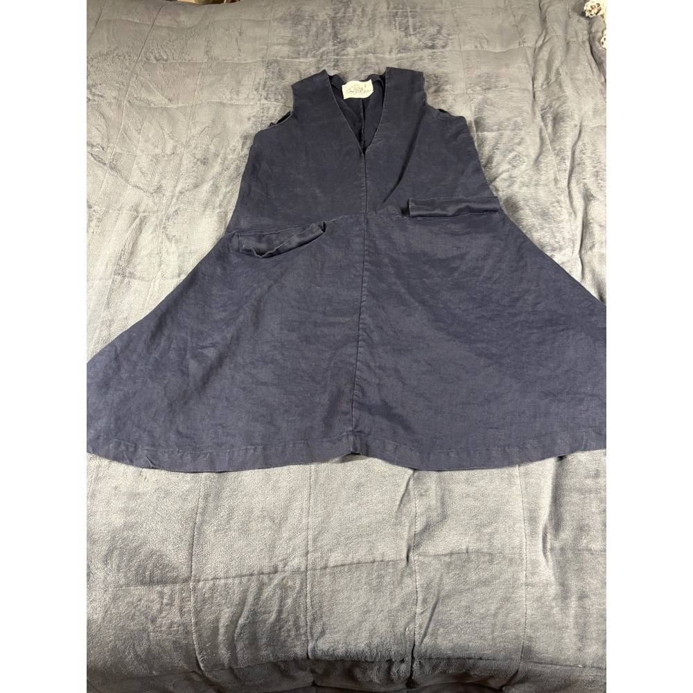 Sugar Candy Mountain Navy Blue Linen V-Neck Pinafore Midi Dress Pockets Womens